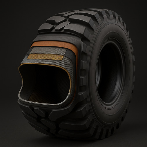 A cross-section of a modern tire showing different layers and materials