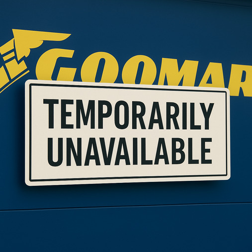 A well-known tire brand logo with a 'Temporarily Unavailable' sign over it