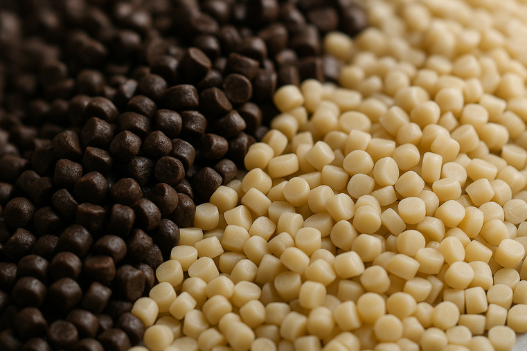 A close-up shot of different raw material pellets: dark natural rubber and lighter synthetic polymers