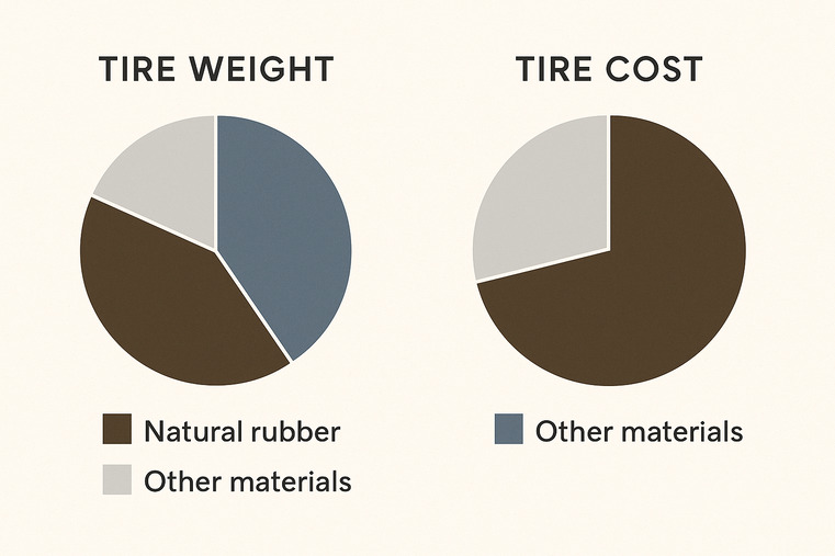 A pie chart showing a tire's composition by weight vs. a second pie chart showing its composition by cost