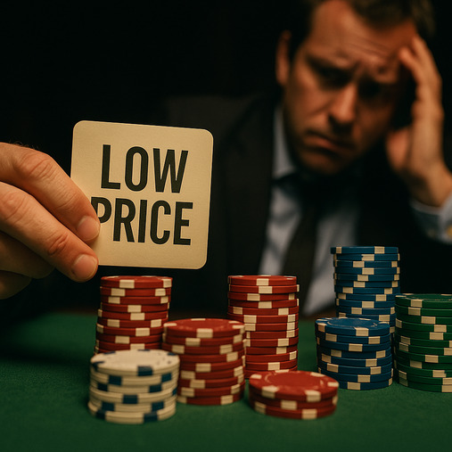 A poker table with stacks of chips, where one player is betting on a "Low Price" card, looking nervous