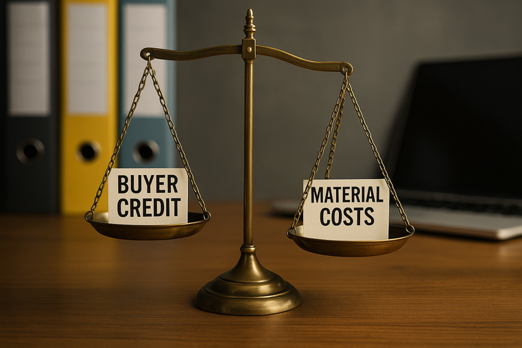 A scale with "Buyer Credit" on one side and "Material Costs" on the other, with the Material Costs side weighing it down heavily