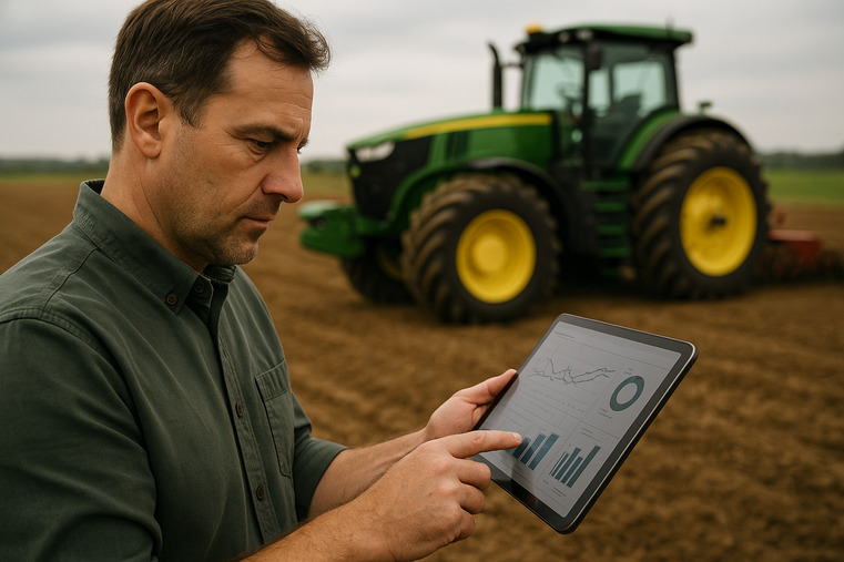 A farmer using a tablet to analyze farm data with a tractor in the background