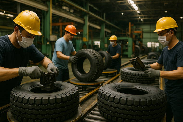 A factory assembly line where workers are simply swapping out logo stamps on the same tire