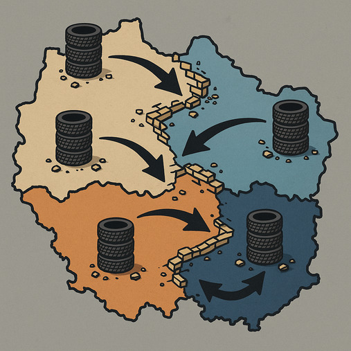 A map of a country with broken-down walls between regions, and arrows showing tires being dumped from one area to another