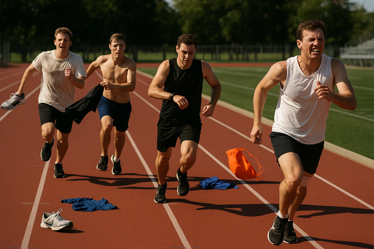 A race where runners are throwing away their gear to run faster, but are getting more injured and exhausted