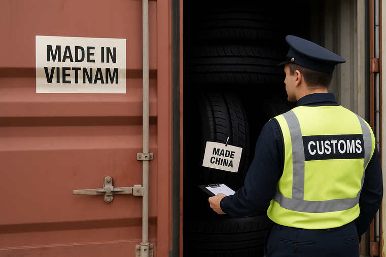 A customs officer inspecting a shipping container with a "Made in Vietnam" label, revealing a smaller "Made in China" tag inside