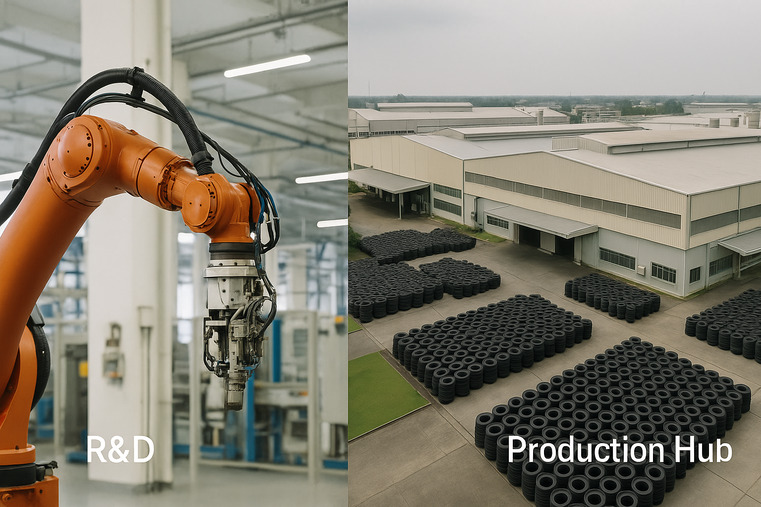 An advanced robotics arm in a Chinese factory labeled "R&D Hub" and a sprawling tire factory in Thailand labeled "Production Hub."