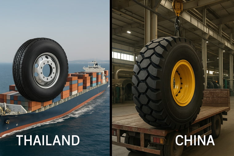 A split image showing a standard truck tire on a cargo ship leaving Thailand, and a highly specialized OTR tire being loaded at a factory in China.