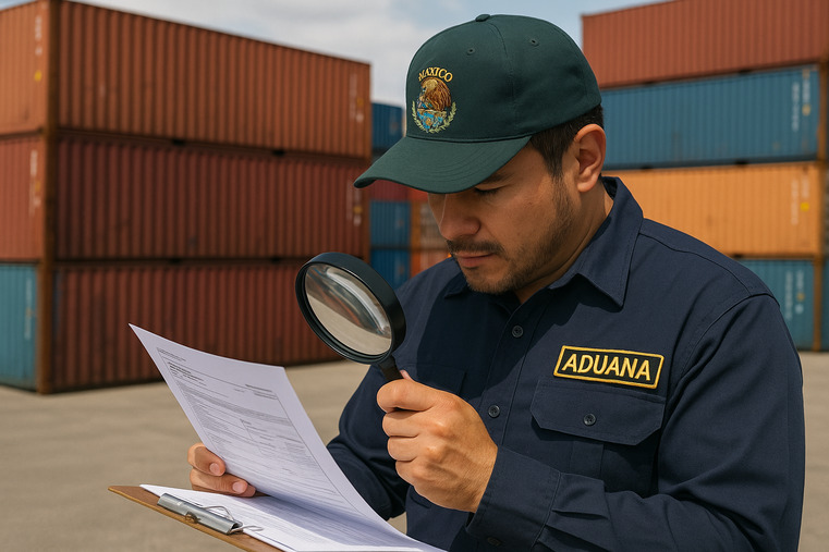 A photo of a customs official in Mexico examining shipping documents with a magnifying glass, with containers in the background.