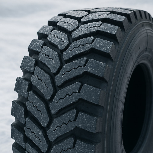 A close-up shot of a specialized OTR tire tread designed for snow and ice