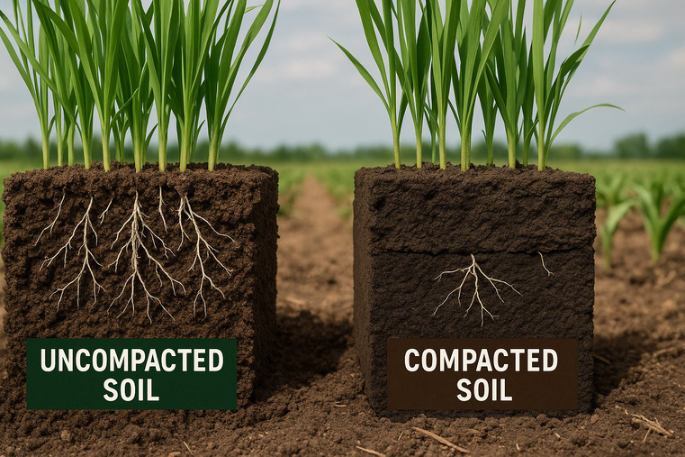 A side-by-side comparison of healthy, uncompacted soil versus hard, compacted soil