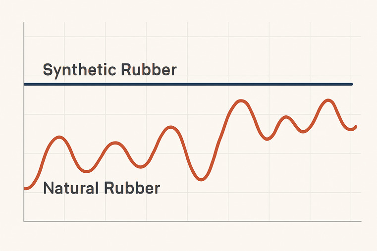 A graphic showing a stable price line for synthetic rubber versus a volatile, fluctuating line for natural rubber