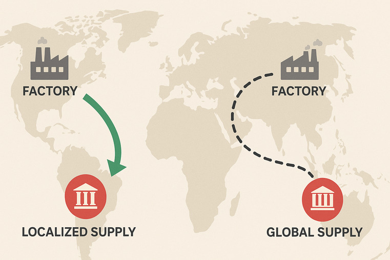 A map showing a short, direct supply line from a factory to a client, contrasted with a long, complex global one