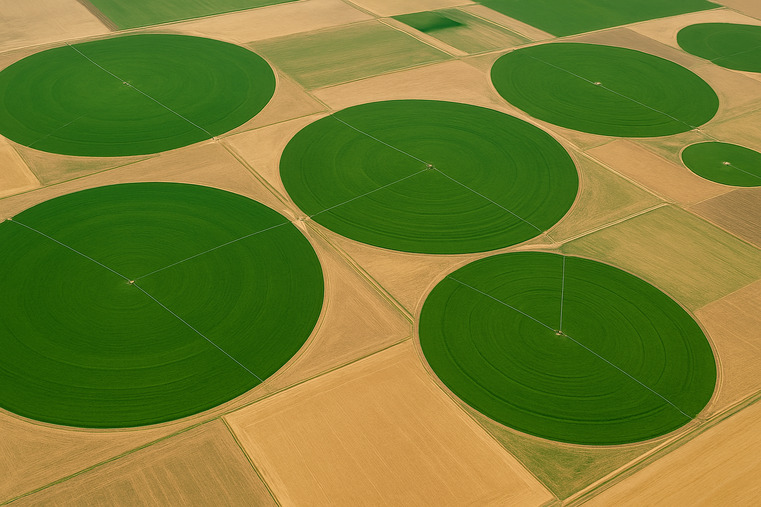 An aerial view of multiple center-pivot irrigation circles in an agricultural landscape
