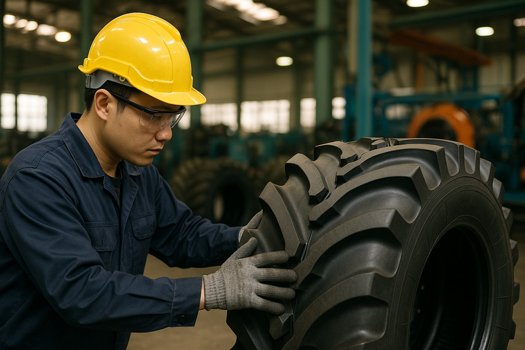 A quality control engineer inspecting an irrigation tire in a factory setting