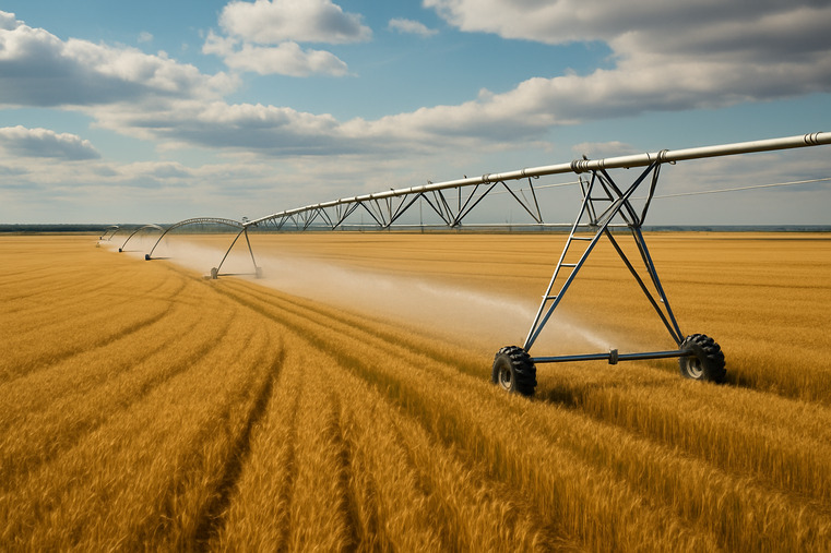 Vast Russian wheat fields with a center-pivot irrigation system under a wide sky