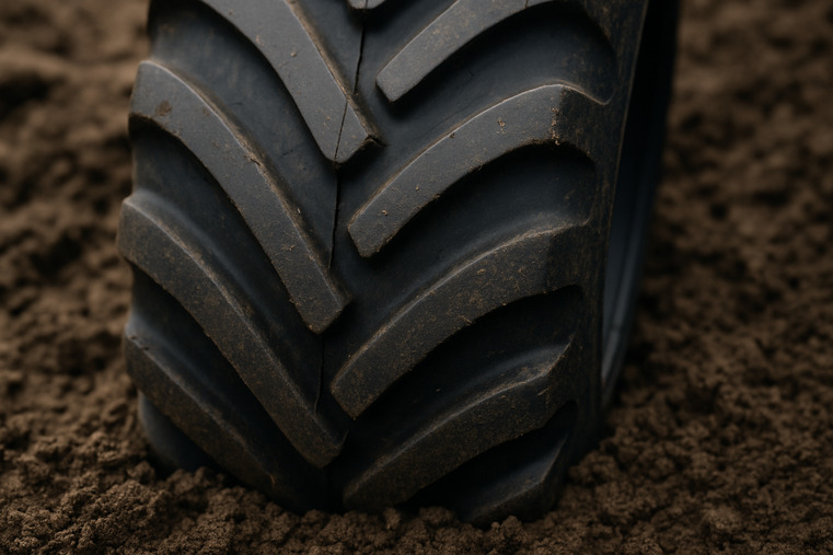 A detailed shot of a non-directional irrigation tire tread pattern in moist soil