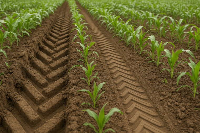 A side-by-side comparison showing a deep rut from a standard tire versus a clean path from an irrigation tire