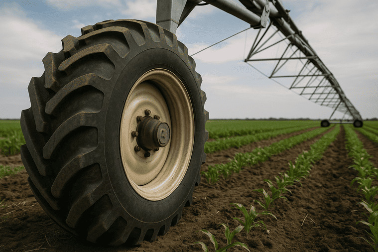 A close-up shot of a specialized irrigation tire, showing its unique tread and sturdy construction under a center-pivot system.