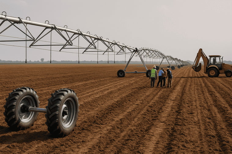 An irrigation system being installed in a vast agricultural field in a developing country.