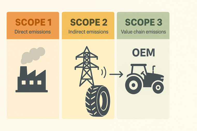 A chart showing Scope 1, 2, and 3 emissions, with a tire highlighted in the Scope 3 supply chain category