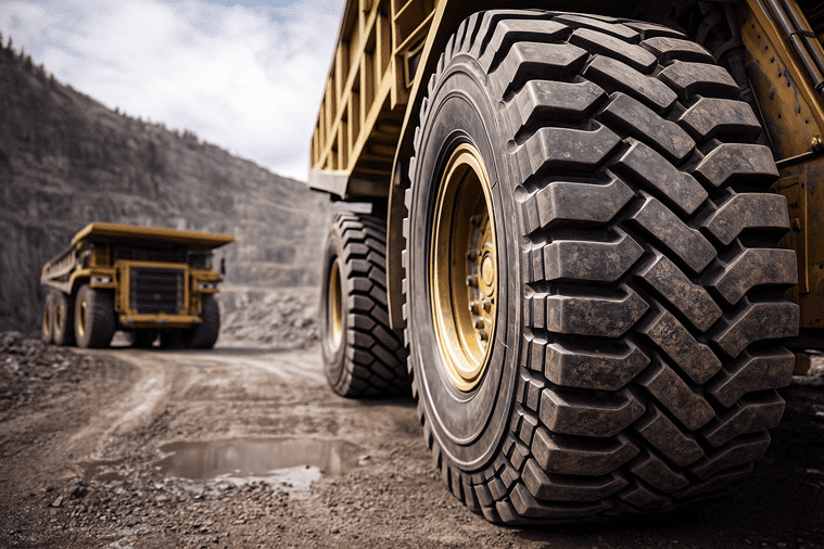 A close-up of an ultra-large 63-inch giant mining tire, highlighting its immense scale and complex tread.