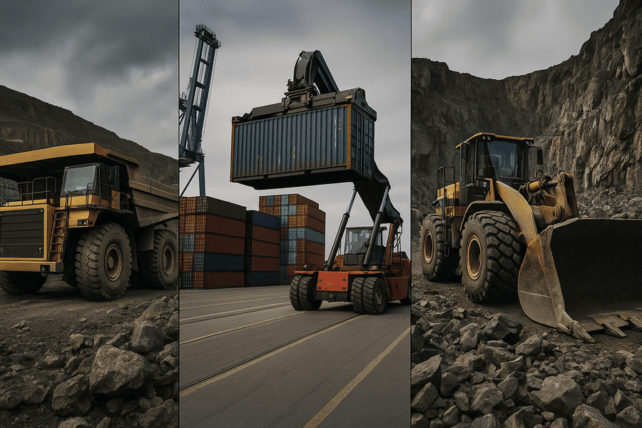 Collage of different harsh OTR tire environments: a rocky mine, a container port, and a sharp-edged quarry.