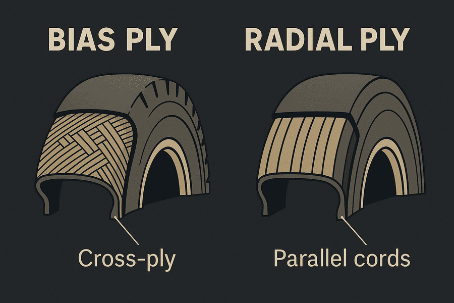 A diagram comparing the internal cross-ply structure of a bias tire versus the parallel cords of a radial tire.