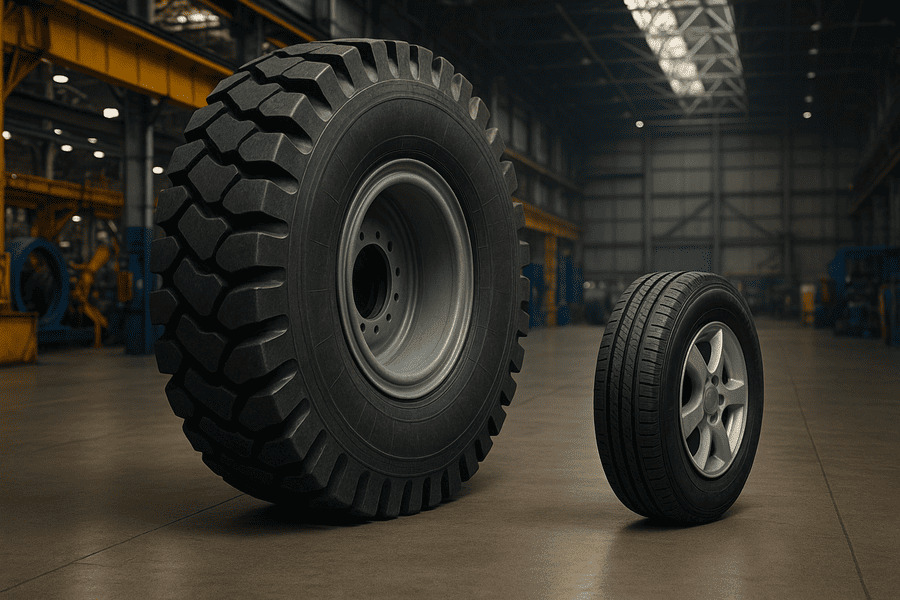 A massive OTR tire dwarfing a standard passenger car tire.