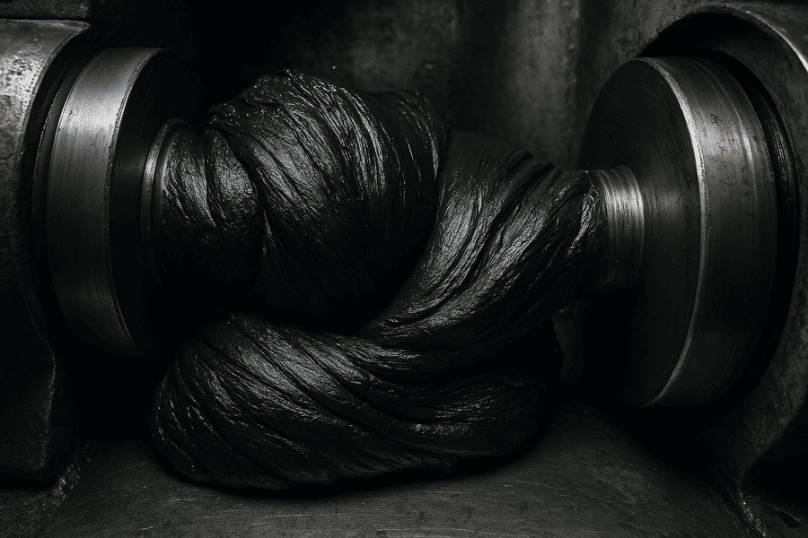 A close-up of raw black rubber being mixed in an industrial machine.