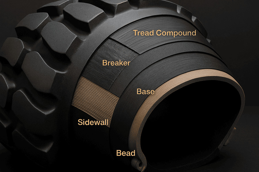 A cross-section diagram of an OTR tire showing different compound layers.