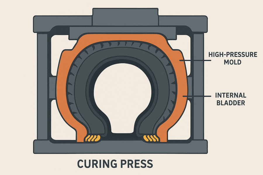 A diagram showing a cross-section of a tire inside a curing press.