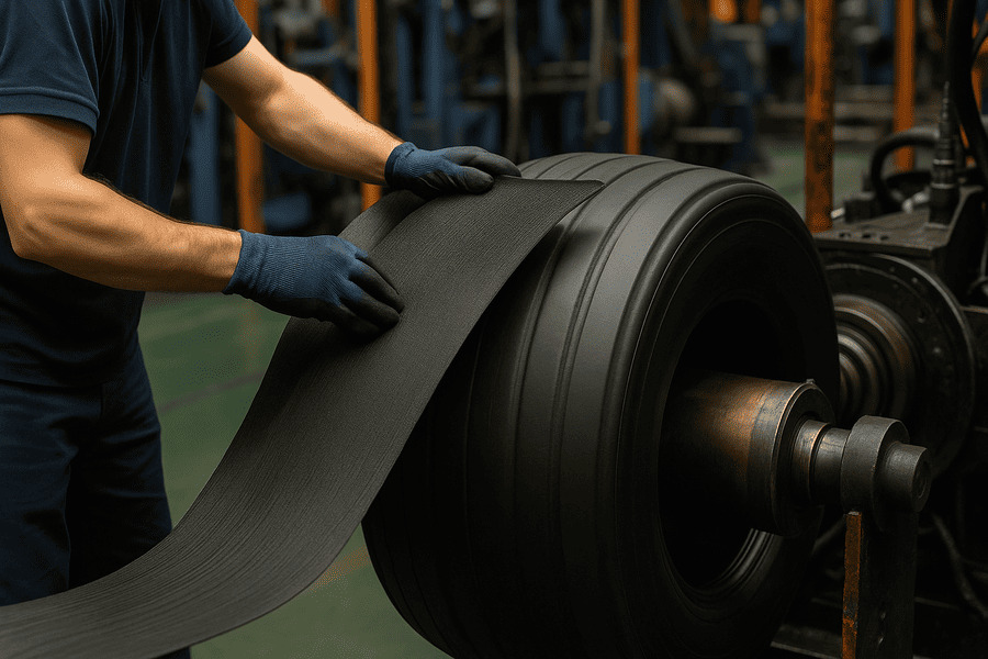 A close-up of a tire builder applying a layer of ply to a green tire.