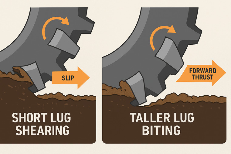 An animation or diagram showing how a taller lug "bites" into soil versus a shorter lug "shearing" it