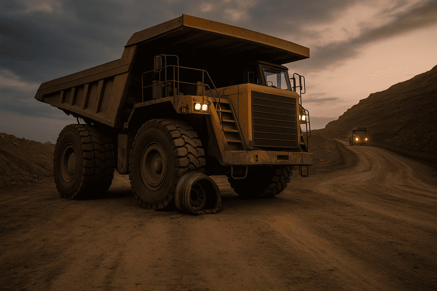 A large haul truck stopped on the side of a mine road with a flat tire.