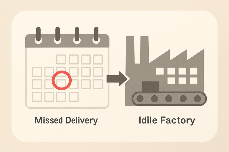 A calendar with a red circle around a missed delivery date, next to a diagram of an idle factory