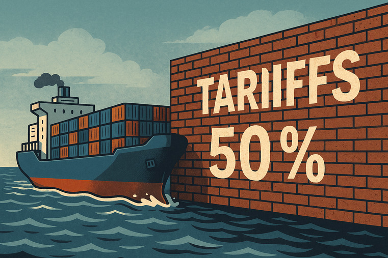 A large cargo ship facing a literal brick wall with a tariff percentage painted on it