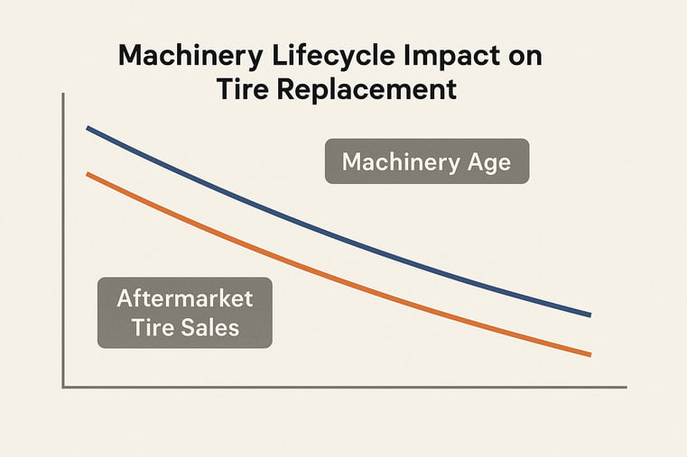 A graph showing two declining lines: one for machinery age and one for aftermarket tire sales