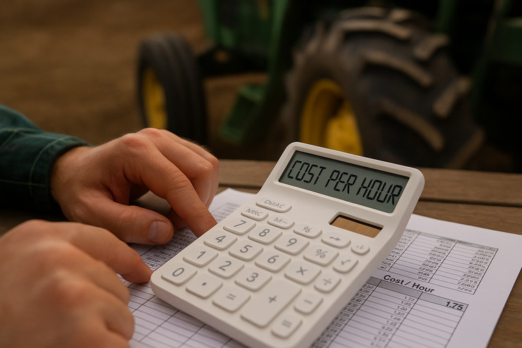 A close-up of a calculator or spreadsheet showing a "cost per hour" calculation for an agricultural tire