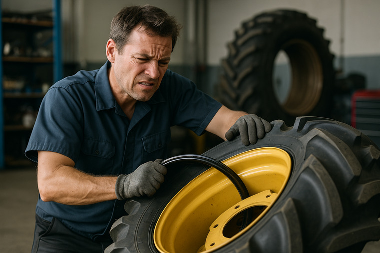 A mechanic looking frustrated while trying to mount a mismatched tire and rim