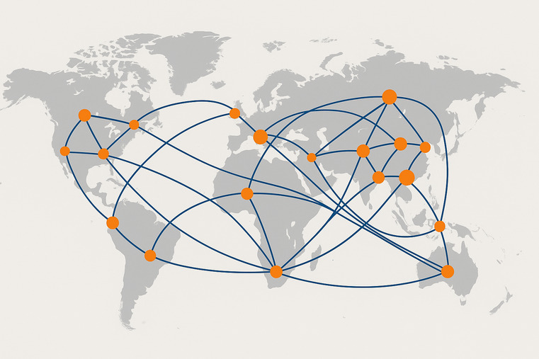A world map with interconnected supply chain lines from different regions