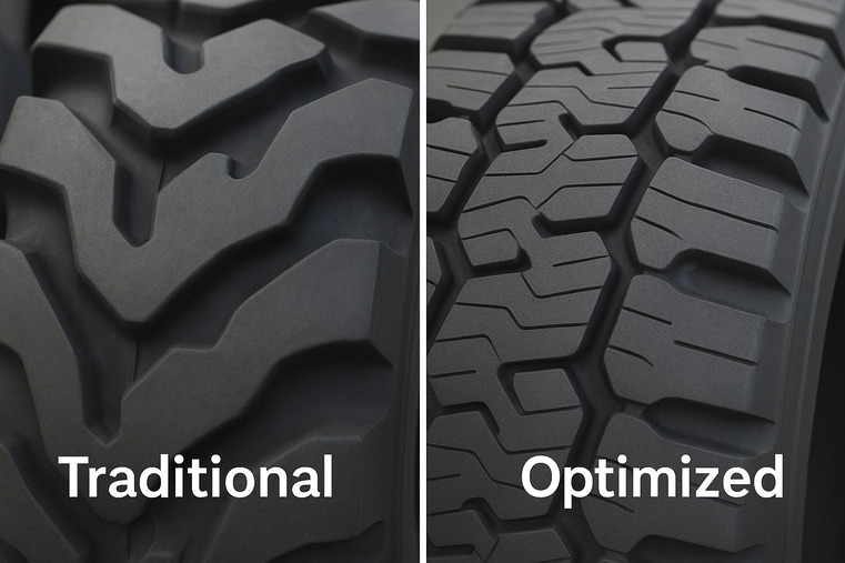 A split image showing a traditional deep tread block and a modern, optimized tread block