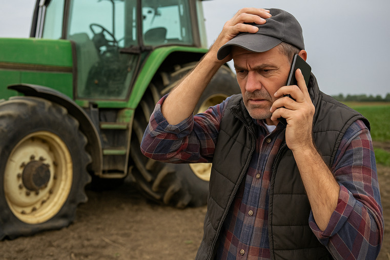 A frustrated farm manager on the phone, looking at a tractor with a flat tire
