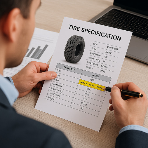 A procurement manager analyzing a tire's technical specification sheet, highlighting material composition