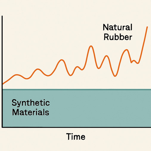 A graph showing the stable price of synthetic materials versus the wildly fluctuating price of natural rubber