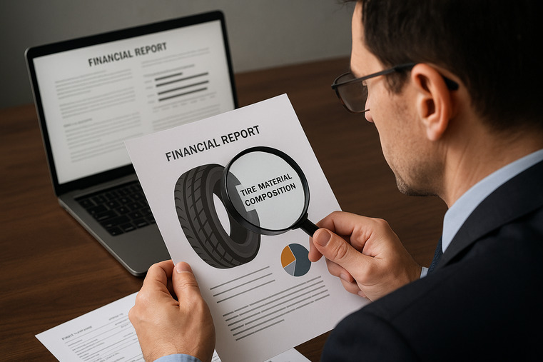 A banker looking through a magnifying glass not at a company's financial report, but at a diagram of a tire's material composition