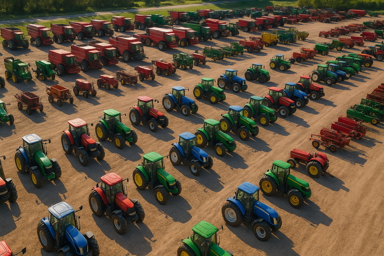 An aerial view of a large lot filled with various agricultural machinery