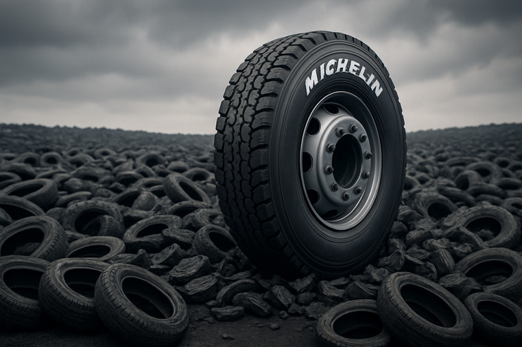 A single, powerful Michelin tire standing strong while a hundred smaller, weaker tires crumble around it