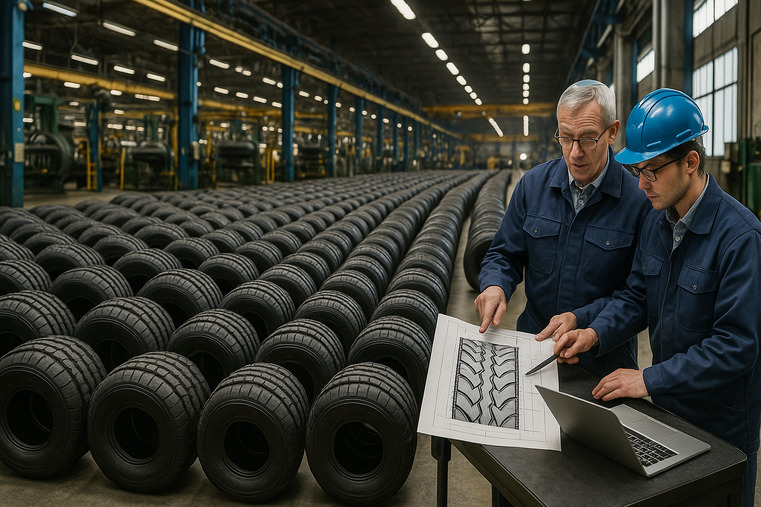 A factory floor with thousands of identical-looking tires, with engineers in the corner just slightly changing a drawing of a tread pattern